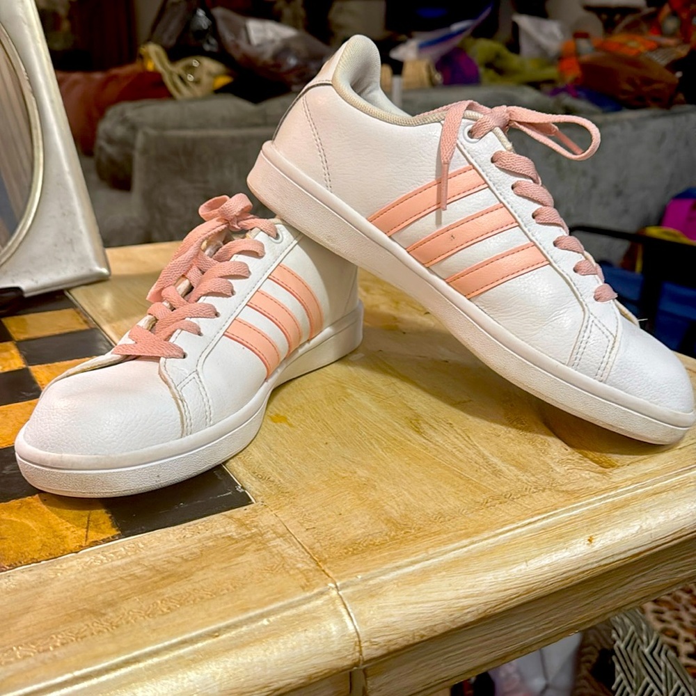 Adidas cloud foam white with pink stripes